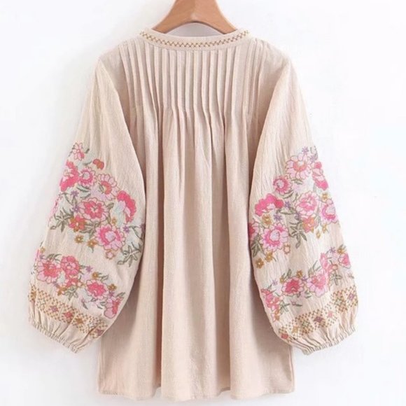 030 Boho Embroidered Floral Puff Sleeve Tassel Blouse - Picture 7 of 9